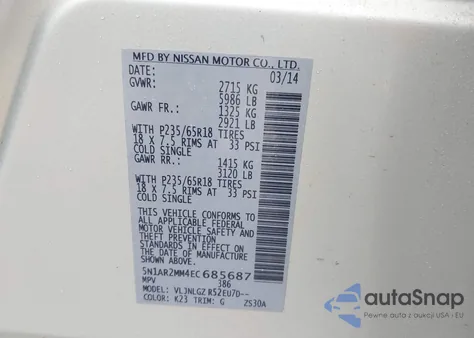 2014 Nissan Pathfinder Sl z USA, uszkodzony, nr VIN 5N1AR2MM4EC685687
